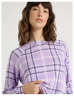 Soho Cosy Brushed Knit Jersey Long Sleeve Wide Pant Pyjama Set in Navy Windowpane Check Print