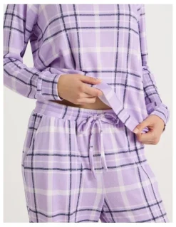 Soho Cosy Brushed Knit Jersey Long Sleeve Wide Pant Pyjama Set in Navy Windowpane Check Print