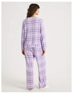 Soho Cosy Brushed Knit Jersey Long Sleeve Wide Pant Pyjama Set in Navy Windowpane Check Print
