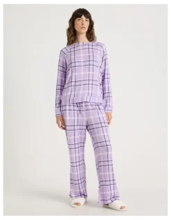 Soho Cosy Brushed Knit Jersey Long Sleeve Wide Pant Pyjama Set in Navy Windowpane Check Print