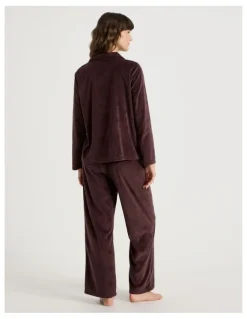 Soho Cosy Fleece Long Sleeve Button Up Pyjama Set in Raisin Debossed Heart Print