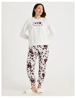 Soho Cosy Fleece Pyjama Set in Sleepy Cow Print