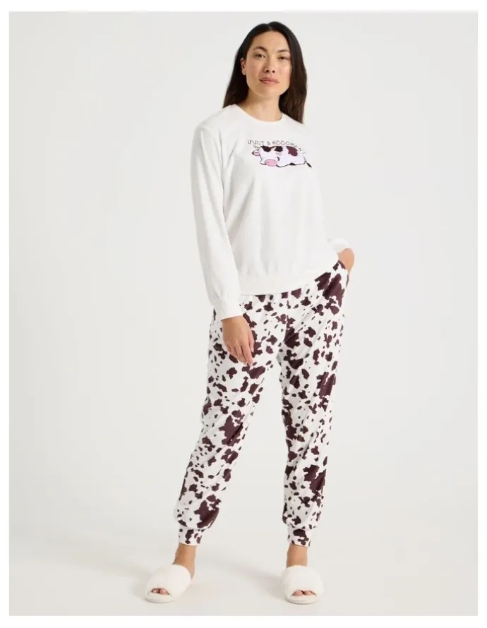 Soho Cosy Fleece Pyjama Set in Sleepy Cow Print