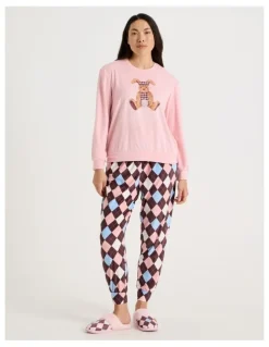 Soho Cosy Fleece Pyjama Set in Bunny Argyle Print