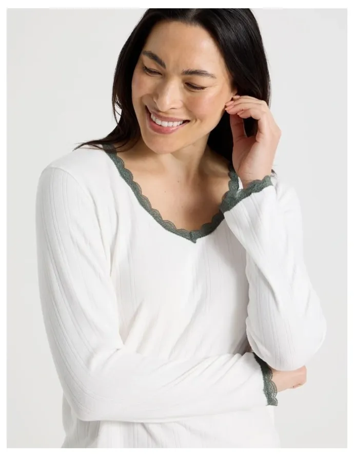 Soho Cosy Winter Pointelle Long Sleeve Pyjama Set in Ivory
