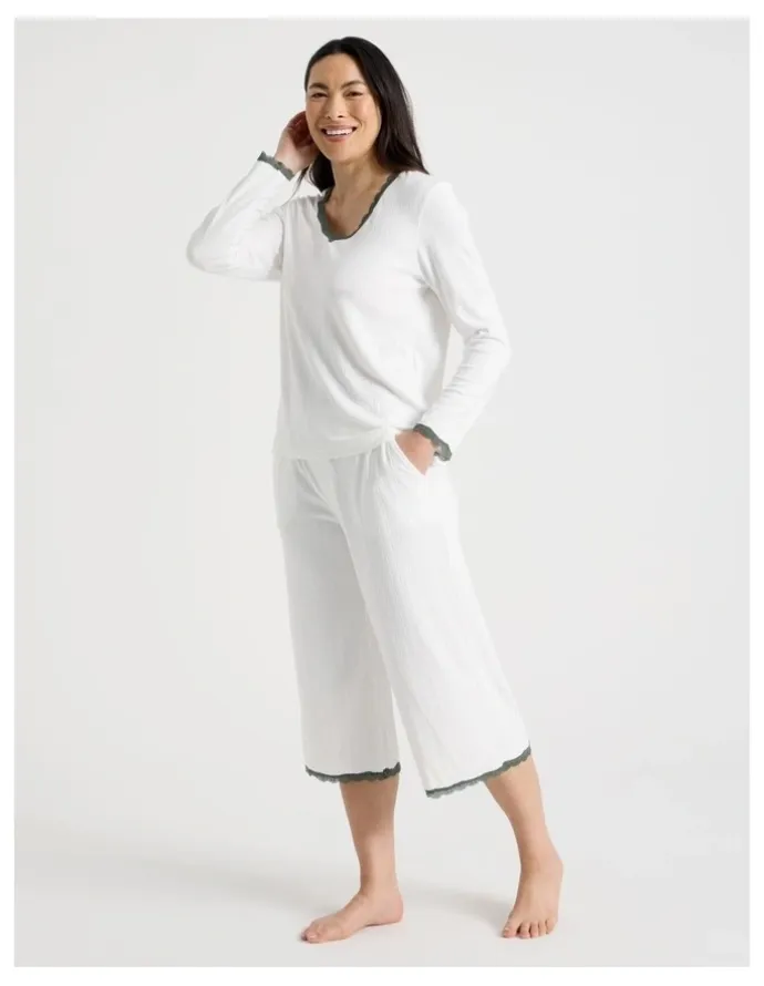 Soho Cosy Winter Pointelle Long Sleeve Pyjama Set in Ivory
