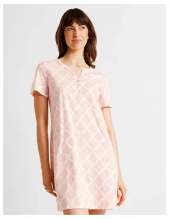 Soho Everyday Cotton Short Sleeve Half Placket Nightie in Foliage Fan Print