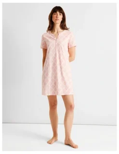 Soho Everyday Cotton Short Sleeve Half Placket Nightie in Foliage Fan Print