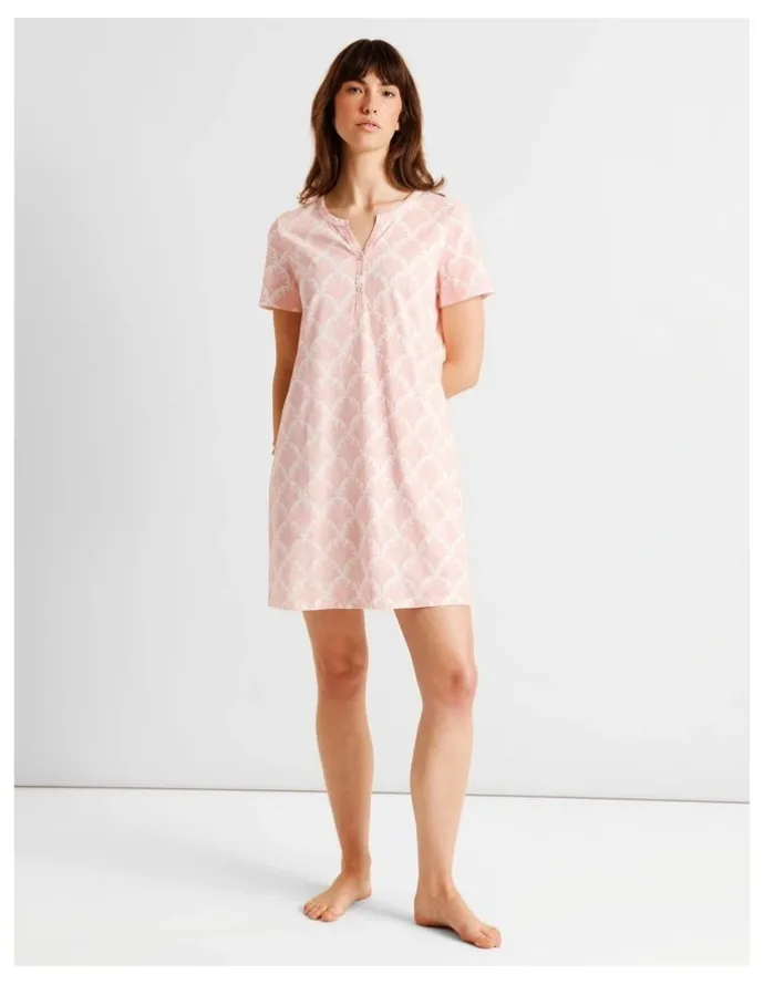 Soho Everyday Cotton Short Sleeve Half Placket Nightie in Foliage Fan Print