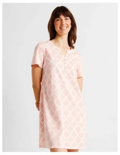 Soho Everyday Cotton Short Sleeve Half Placket Nightie in Foliage Fan Print