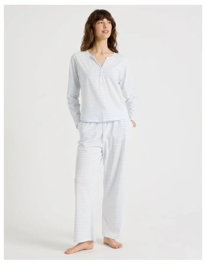 Soho Everyday Half Placket Long Sleeve Long PJ Set in White Y/D Stripe