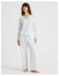 Soho Everyday Half Placket Long Sleeve Long PJ Set in White Y/D Stripe