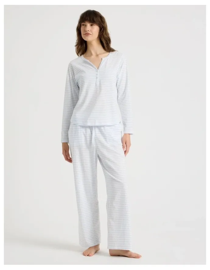 Soho Everyday Half Placket Long Sleeve Long PJ Set in White Y/D Stripe