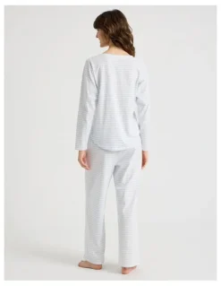 Soho Everyday Half Placket Long Sleeve Long PJ Set in White Y/D Stripe