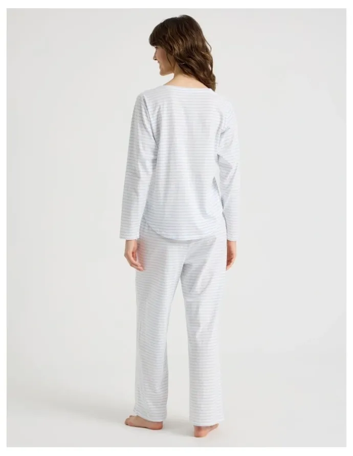 Soho Everyday Half Placket Long Sleeve Long PJ Set in White Y/D Stripe