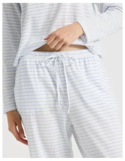 Soho Everyday Half Placket Long Sleeve Long PJ Set in White Y/D Stripe