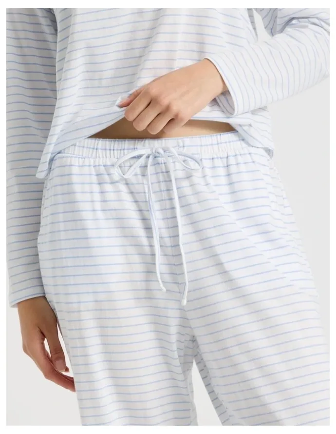 Soho Everyday Half Placket Long Sleeve Long PJ Set in White Y/D Stripe