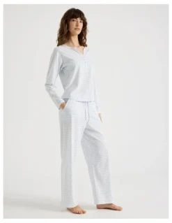 Soho Everyday Half Placket Long Sleeve Long PJ Set in White Y/D Stripe