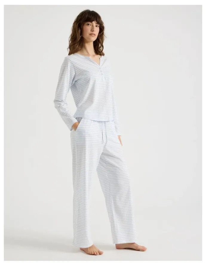 Soho Everyday Half Placket Long Sleeve Long PJ Set in White Y/D Stripe