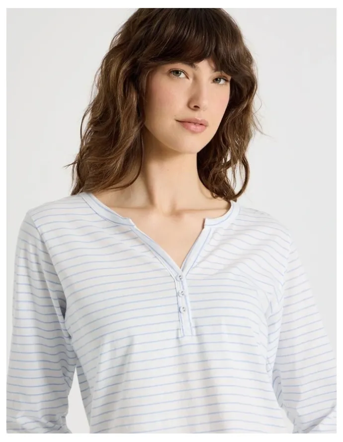 Soho Everyday Half Placket Long Sleeve Long PJ Set in White Y/D Stripe