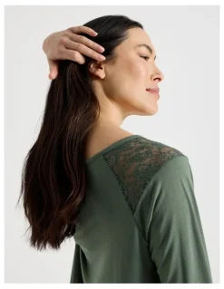 Soho Everyday Lace Long Sleeve Nightie in Laurel Green
