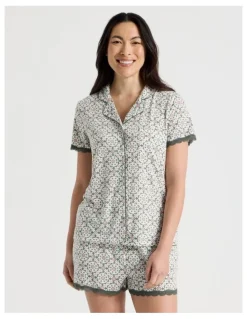 Soho Everyday Lace Short Sleeve Short Leg Pyjama Set in Laurel Green Tile Print