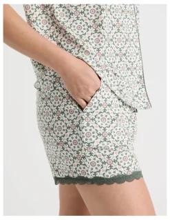 Soho Everyday Lace Short Sleeve Short Leg Pyjama Set in Laurel Green Tile Print
