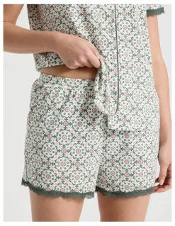 Soho Everyday Lace Short Sleeve Short Leg Pyjama Set in Laurel Green Tile Print