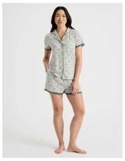 Soho Everyday Lace Short Sleeve Short Leg Pyjama Set in Laurel Green Tile Print