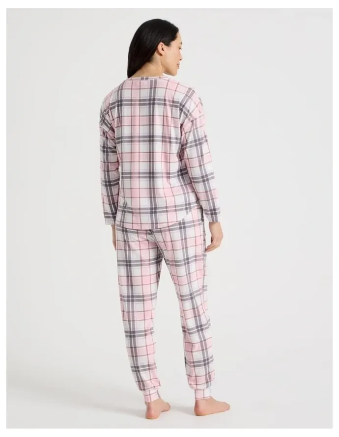 Soho Everyday Long Sleeve Cuff Pant Pyjama Set in Pink & Purple Check Print