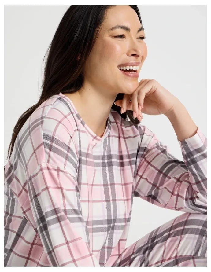 Soho Everyday Long Sleeve Cuff Pant Pyjama Set in Pink & Purple Check Print