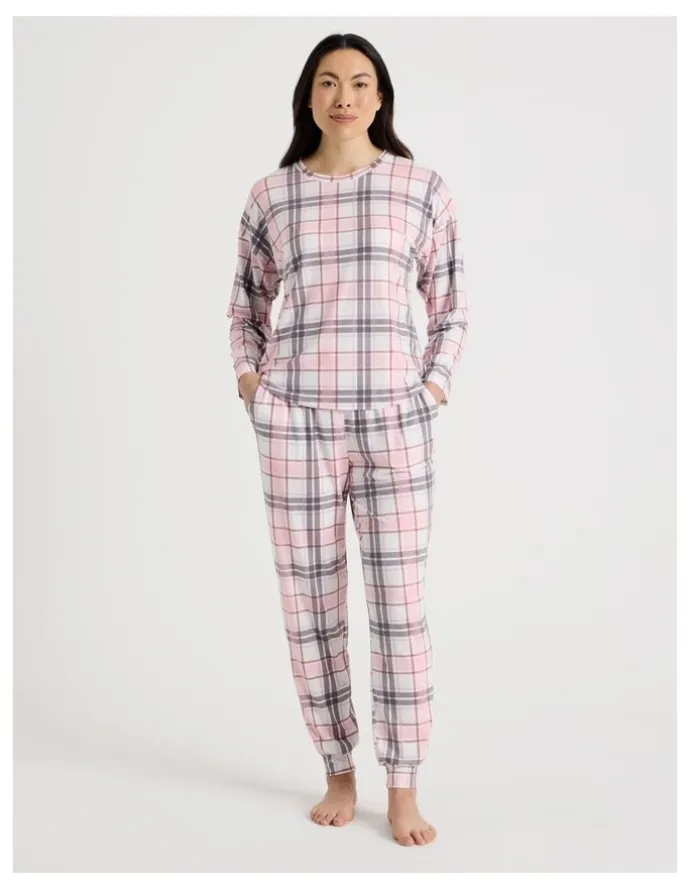 Soho Everyday Long Sleeve Cuff Pant Pyjama Set in Pink & Purple Check Print