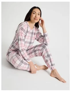 Soho Everyday Long Sleeve Cuff Pant Pyjama Set in Pink & Purple Check Print