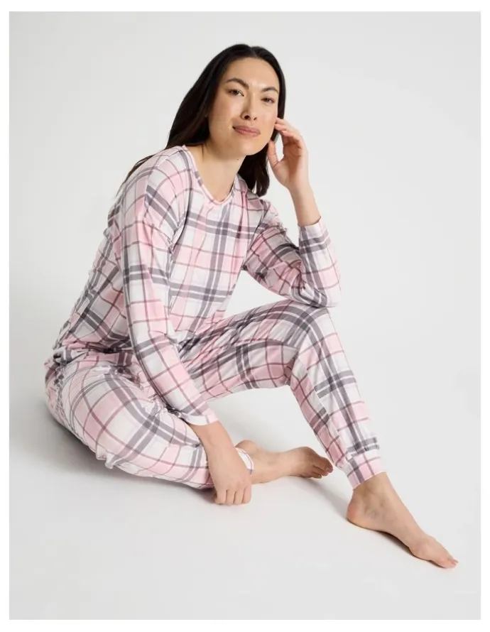 Soho Everyday Long Sleeve Cuff Pant Pyjama Set in Pink & Purple Check Print