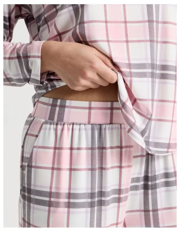 Soho Everyday Long Sleeve Cuff Pant Pyjama Set in Pink & Purple Check Print