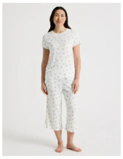 Soho Everyday Pointelle Short Sleeve 3/4 Pant Pyjama Set in Vintage Ditsy Floral Print