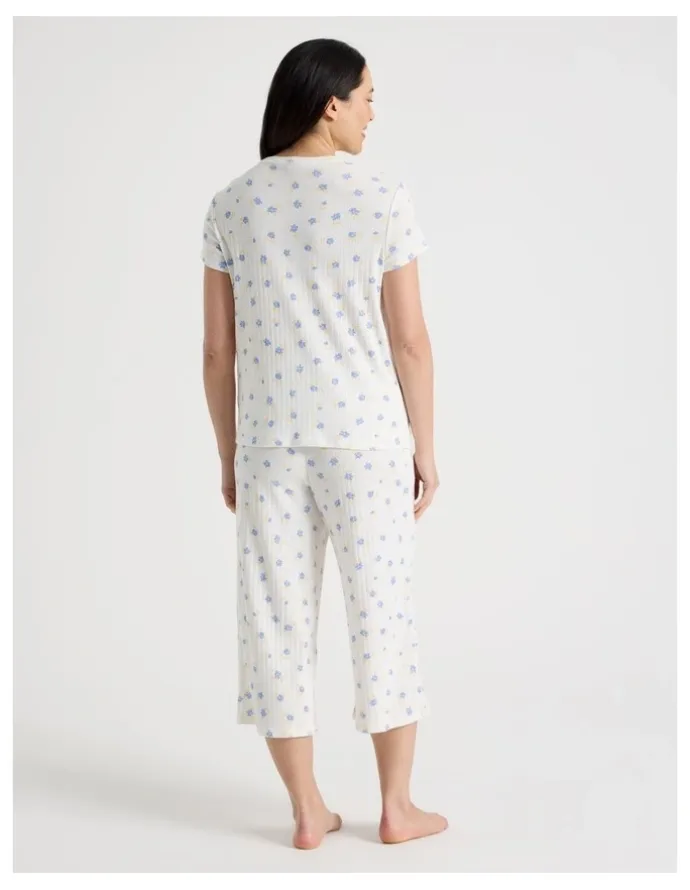 Soho Everyday Pointelle Short Sleeve 3/4 Pant Pyjama Set in Vintage Ditsy Floral Print