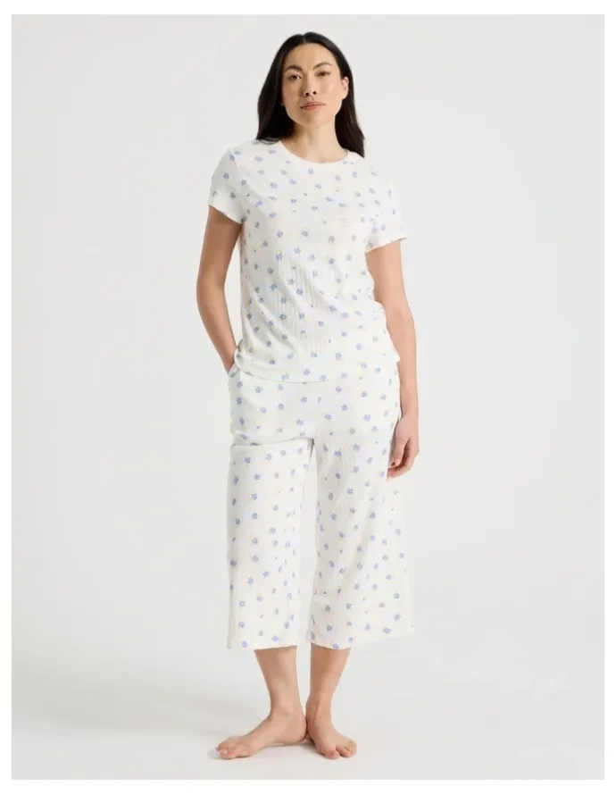 Soho Everyday Pointelle Short Sleeve 3/4 Pant Pyjama Set in Vintage Ditsy Floral Print