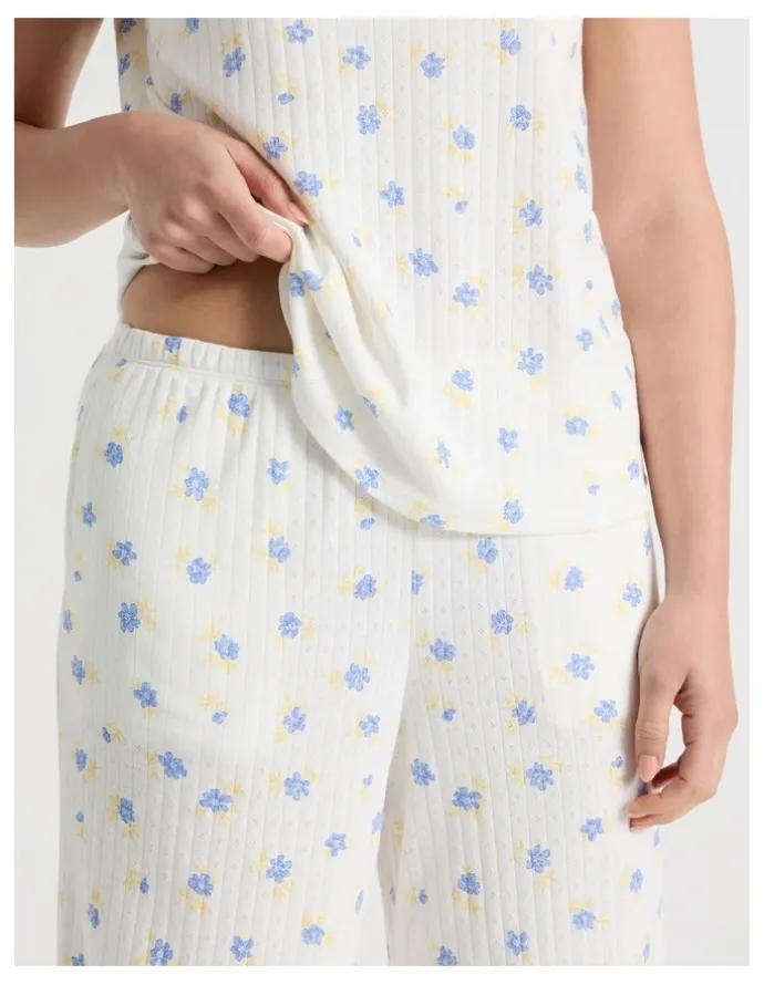 Soho Everyday Pointelle Short Sleeve 3/4 Pant Pyjama Set in Vintage Ditsy Floral Print