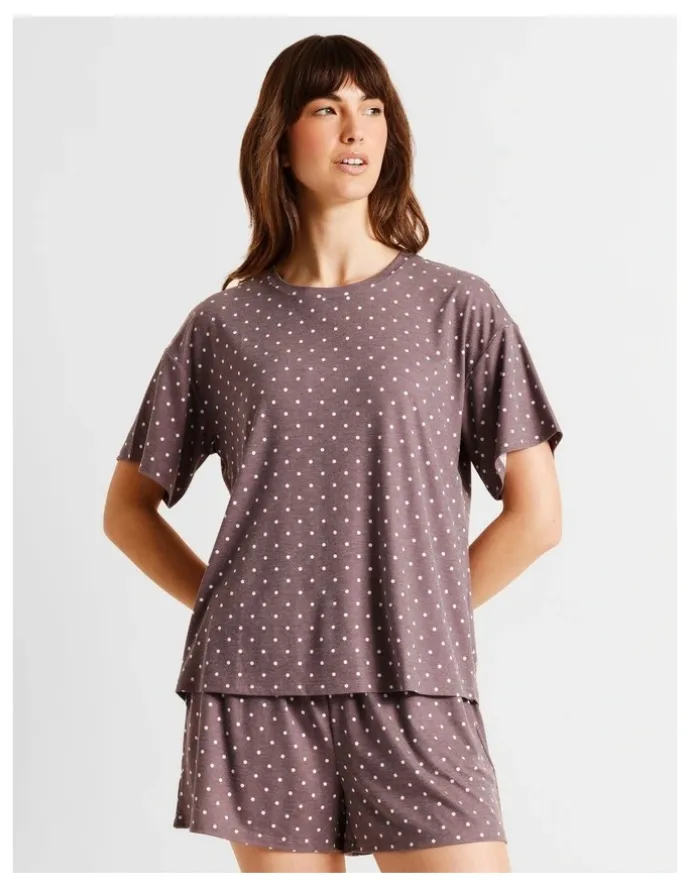 Soho Everyday PVE Short Sleeve Short PJ Set in Taupe Dots Print