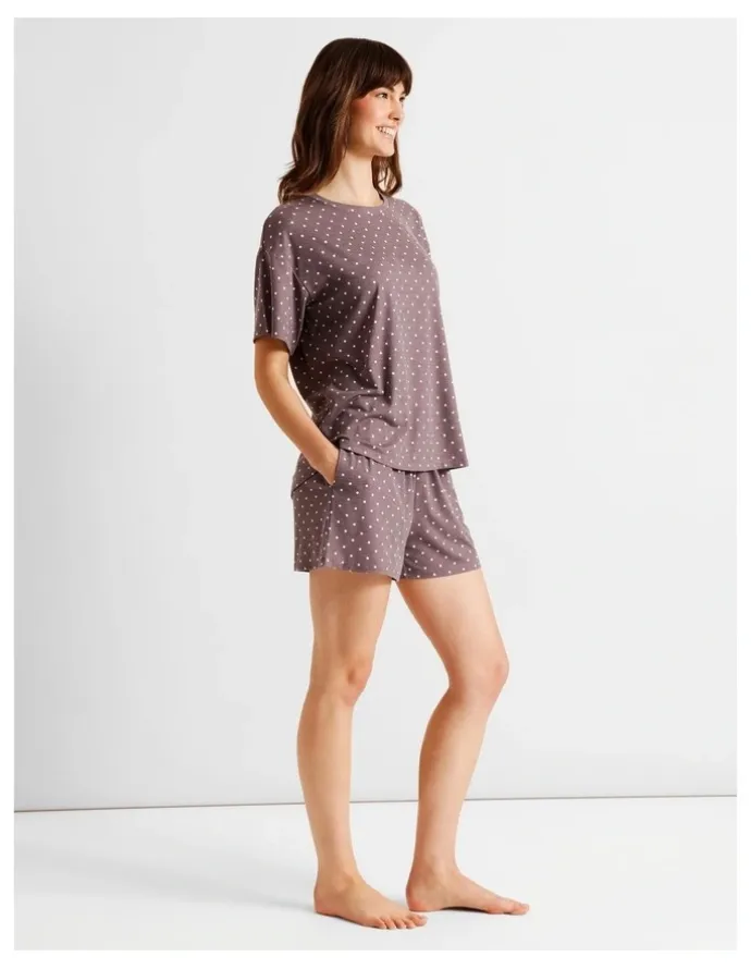 Soho Everyday PVE Short Sleeve Short PJ Set in Taupe Dots Print