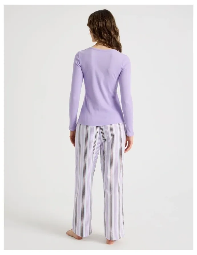 Soho Flannel Long Sleeve Knit / Flannelette Pant PJ Set in Lilac Stripe Print