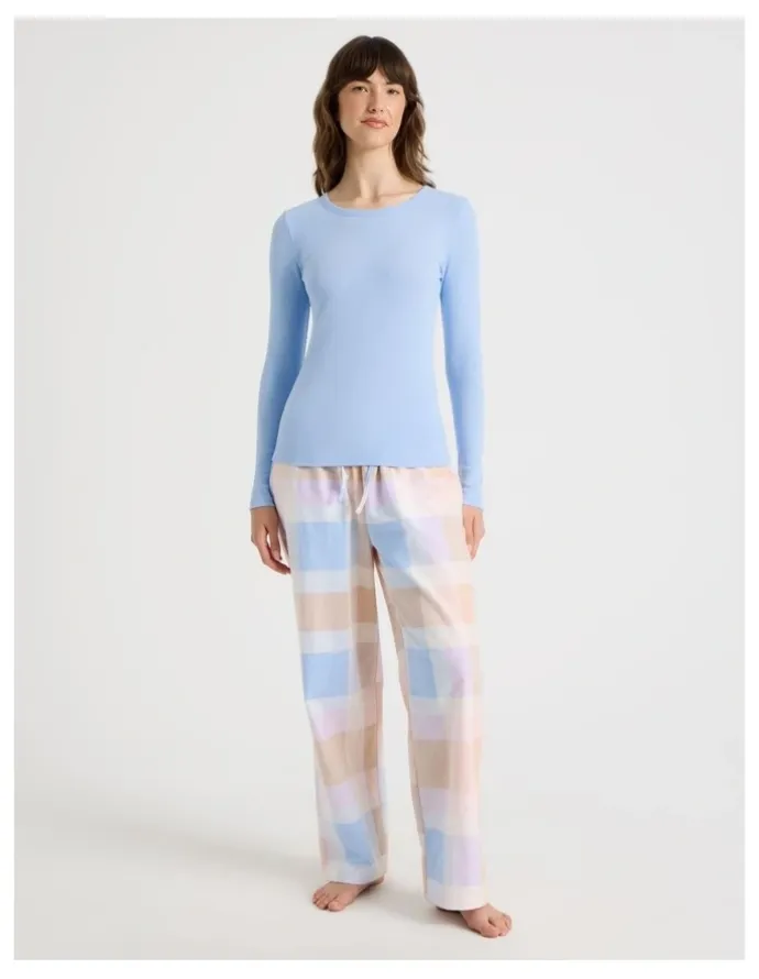 Soho Flannel Long Sleeve Knit Top & Flannelette Pant PJ Set in Blue Check Print