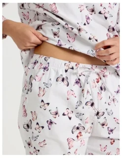 Soho Flannelette Pyjama Set in White Butterflies Print