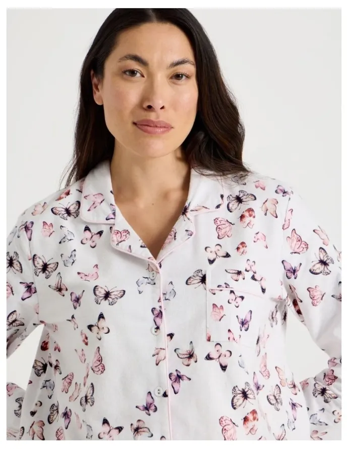Soho Flannelette Pyjama Set in White Butterflies Print
