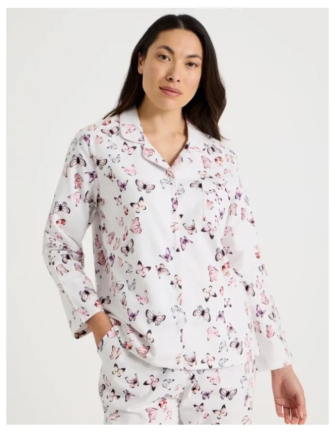 Soho Flannelette Pyjama Set in White Butterflies Print