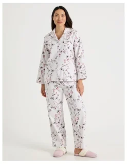 Soho Flannelette Pyjama Set in White Butterflies Print