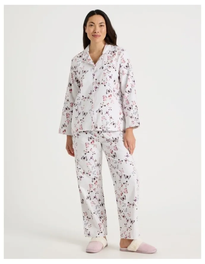 Soho Flannelette Pyjama Set in White Butterflies Print