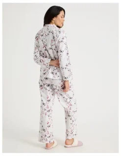 Soho Flannelette Pyjama Set in White Butterflies Print