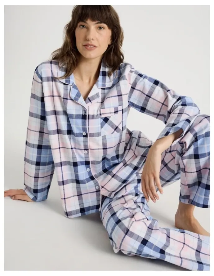 Soho Flannelette Pyjama Set in Navy & Light Pink Check Print